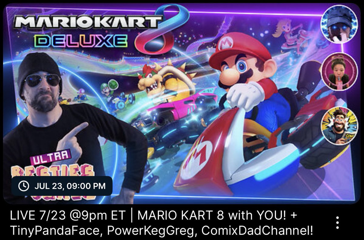 PandaSub2000's tweet image. LIVE 7/23 9pm ET
Our Multiplayer Show
“ULTRA BESTIES & GAMES” Returns!
w/@TinyPandaface @gregmerema @ComixDad
And YOU! Yes YOU!
You’ll be playing Mario Kart 8 Deluxe with us!… so long as the show doesn’t crash 🤣
Link👇
rumble.com/v6wjbwm-live-7…