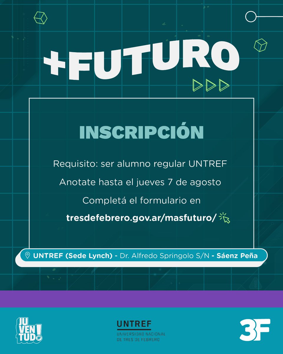 Municipalidad3F's tweet image. 🧑🏫🚀 Arranca un nuevo programa pensado para estudiantes de la @UNTREF, que acompaña su crecimiento personal, académico y profesional.
¡Acompañamos tu trayectoria académica de cada estudiante!
Inscribite y conocé más en 👉 bit.ly/MasFuturo3F
