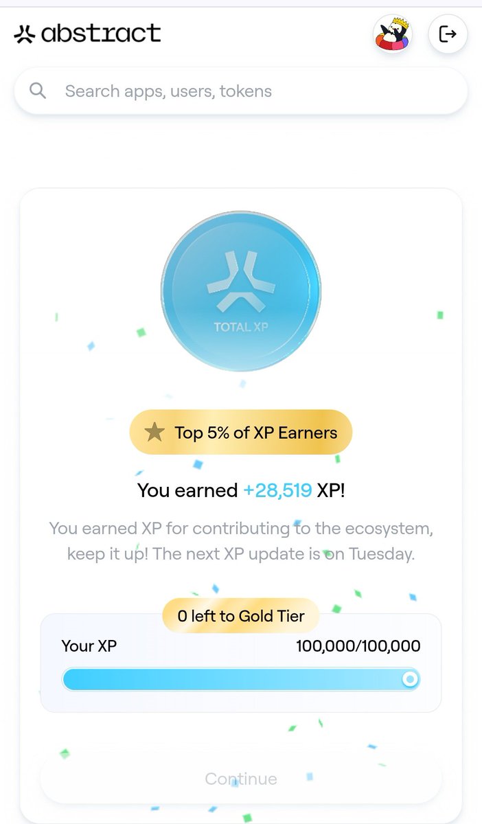 Abstract XP Day! 

 Finally reached Gold Tier! 🏆

The biggest reason behind this? <a href="/Khugaverse/">𝗞𝗛𝗨𝗚𝗔</a> !🔥

Huge thanks to the amazing Khuga team
for creating such a fun and epic game! 🙏✨

<a href="/AbstractChain/">Abstract</a>
<a href="/Abstract_Eco/">Abstract Ecosystem</a>
