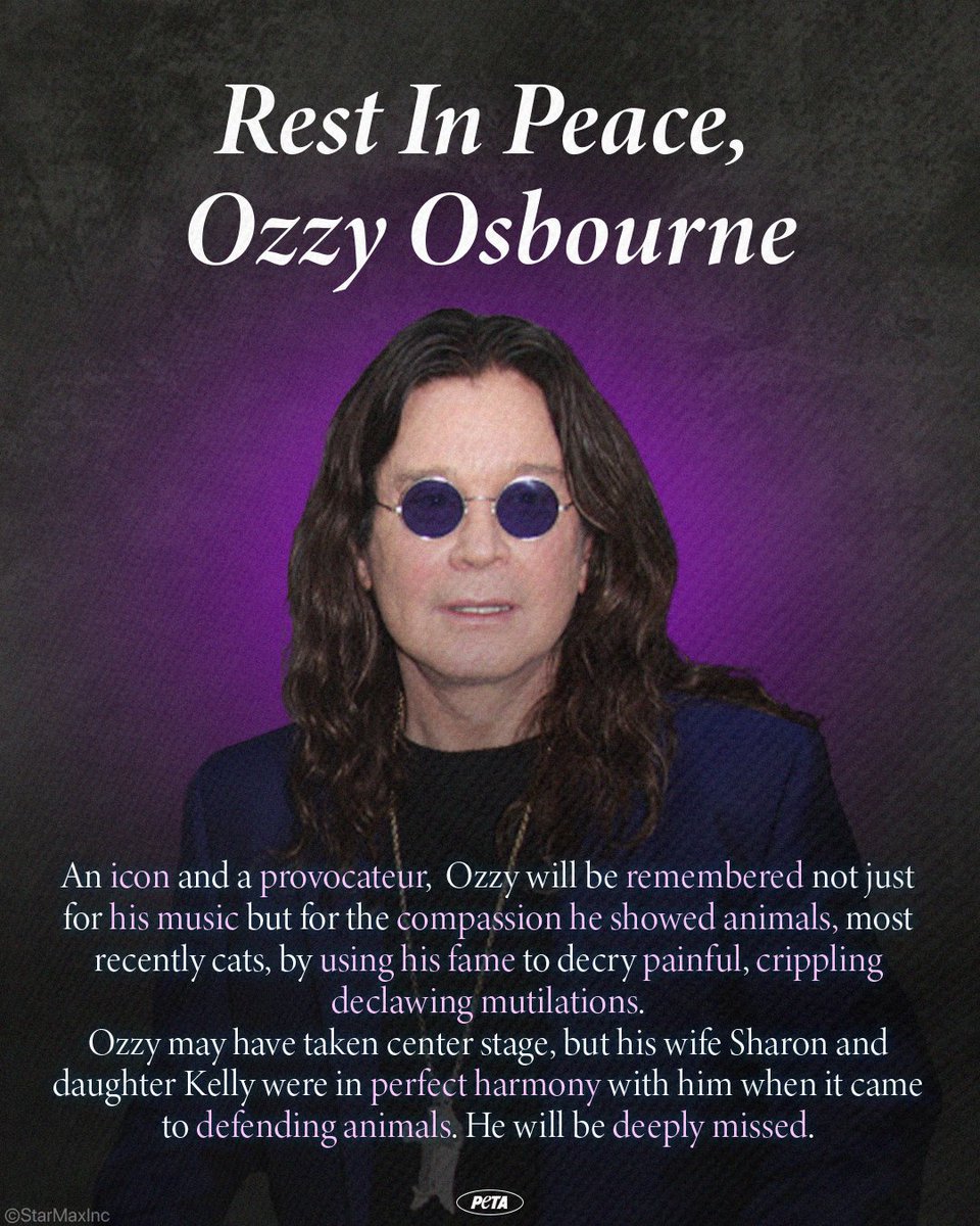 peta's tweet image. Rest in peace, Ozzy Osbourne — a true legend. PETA will remember the “Prince of Darkness” most fondly for the gentle side he showed to animals. He'll be missed by animal advocates the world over ❤️