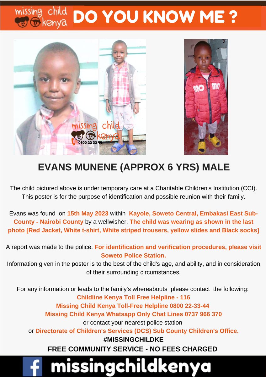 missingchild_ke's tweet image. EVANS MUNENE (APPROX. 6 YEARS) MALE #MISSINGCHILDKE