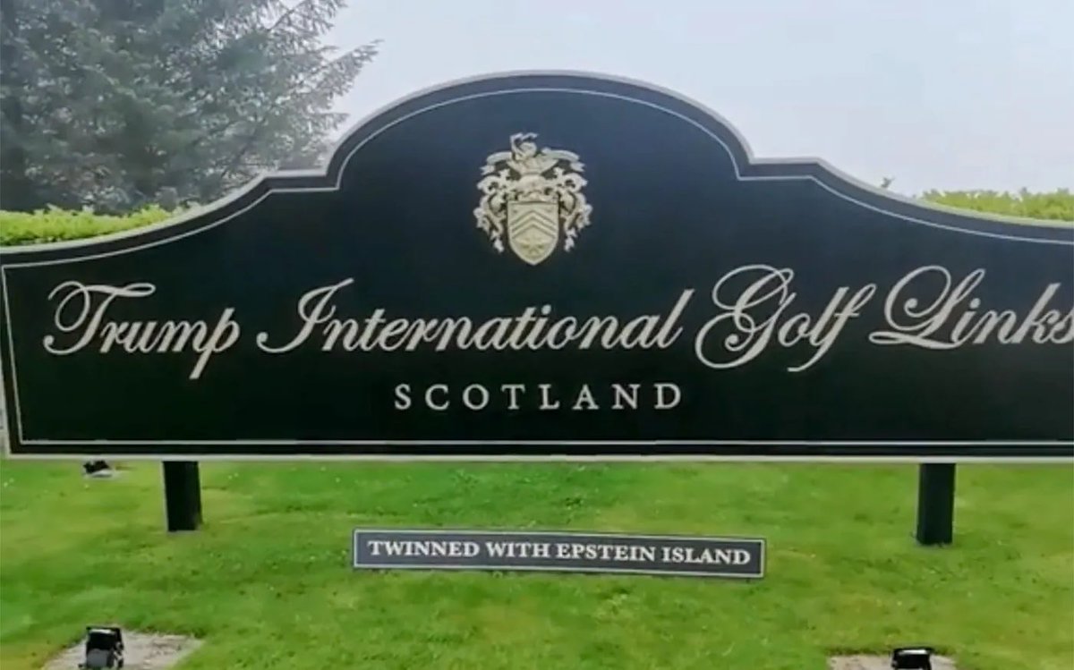 Stornoway_Cove's tweet image. Scotland is getting ready… 🤣🤣🤣
‘Twinned with Epstein Island’ sign appears on Trump’s Scottish golf course.