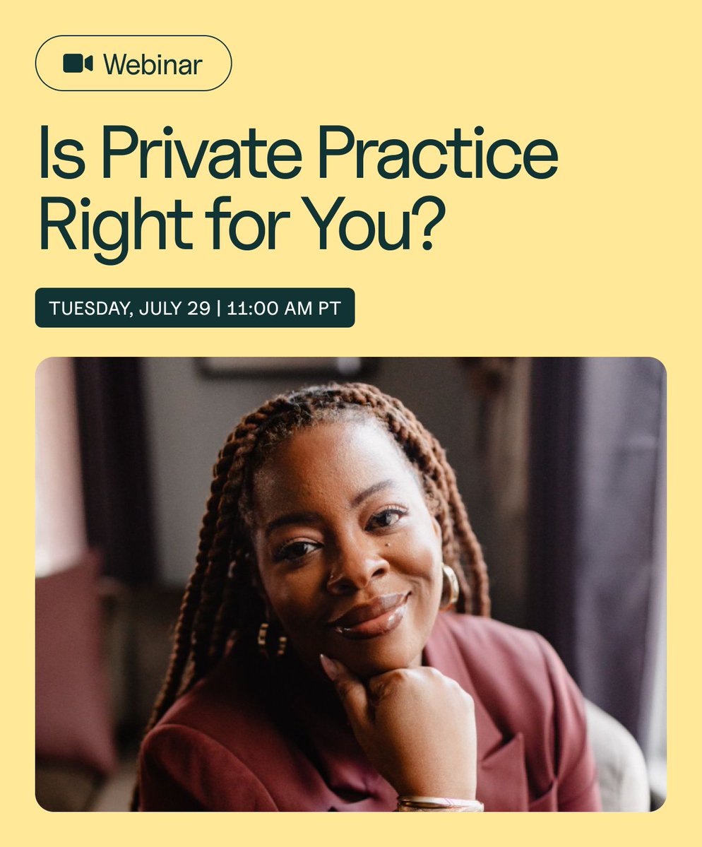 Is private practice right for you? It’s not the easiest question to answer.

Join us for the first livestream in our 3-part series to find out if private practice is the right next step for you.💡

Therapist and entrepreneur Esther Boykin, LMFT, will walk you through how to align