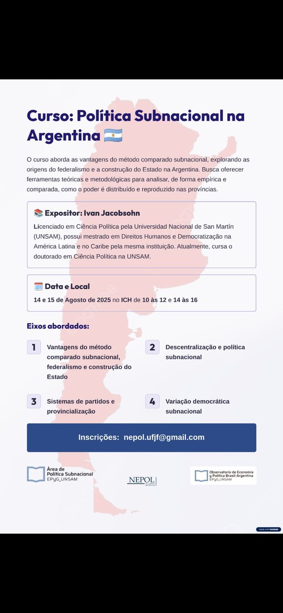 El 14 y 15 de agosto estaré dando un curso sobre política subnacional argentina en Juiz de Fora junto a los colegas y amigos de <a href="/Nepol_ufjf/">Núcleo de Estudos Sobre Política Local - NEPOL</a> . Ademas, presentaré algunos avances de mi tesis doctoral.
<a href="/redsubnacional/">REPSAL</a> <a href="/UNSAM_EPyG/">Escuela de Política y Gobierno UNSAM</a> <a href="/BrasilObs/">Observatorio de Economía Política Brasil-Argentina</a> <a href="/PolSubnacional/">Área de Política Subnacional - UNSAM</a>