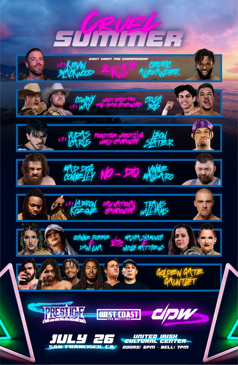 Prestige Wrestling (@wrestleprestige) on Twitter photo ***CRUEL SUMMER 2025 FULL CARD***
PLEASE SHARE & REPOST TO SPREAD THE WORD
Prestige Wrestling x <a href="/WCProOfficial/">West Coast Pro</a> x <a href="/deadlockpro/">DEADLOCK Pro Wrestling</a>
West Coast Pro World Championship
<a href="/blkwdxvx/">BLACKWOOD</a> vs <a href="/CedricAlexander/">PRYME Alexander</a>
West Coast Pro Tag Team Championships
<a href="/1called_manders/">1 Called Manders ワン・コールド・マンダース</a> & <a href="/NotThatShire/">Thomas Shire</a> vs ***CRUEL SUMMER 2025 FULL CARD***
PLEASE SHARE & REPOST TO SPREAD THE WORD
Prestige Wrestling x <a href="/WCProOfficial/">West Coast Pro</a> x <a href="/deadlockpro/">DEADLOCK Pro Wrestling</a>
West Coast Pro World Championship
<a href="/blkwdxvx/">BLACKWOOD</a> vs <a href="/CedricAlexander/">PRYME Alexander</a>
West Coast Pro Tag Team Championships
<a href="/1called_manders/">1 Called Manders ワン・コールド・マンダース</a> & <a href="/NotThatShire/">Thomas Shire</a> vs