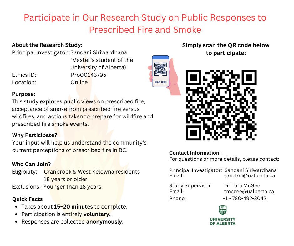 Wildfire &amp; prescribed fire impact our region. Your voice matters. Please share your views on fire use, smoke, and preparedness. This survey will help guide future fire planning in BC. Open until July 31. Take the survey: ualbertauw.qualtrics.com/jfe/form/SV_1F… <a href="/cityofcranbrook/">City of Cranbrook</a> <a href="/UAlberta/">University of Alberta</a>