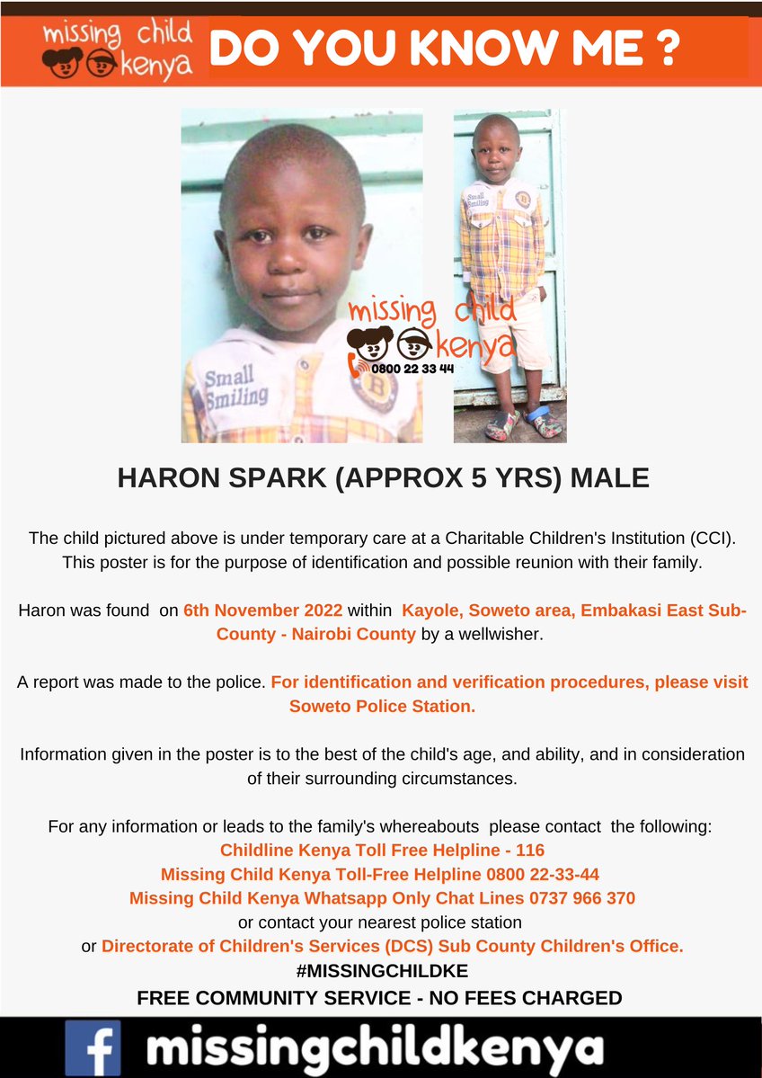missingchild_ke's tweet image. HARON SPARK (APPROX. 5 YEARS) MALE #MISSINGCHILDKE