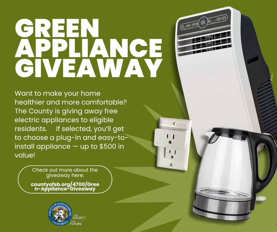 countyofsb's tweet image. Don’t miss out on the green appliance giveaway! 🌱💸
Read more about the giveaway, qualifications, and how to apply here:
countyofsb.org/4700/Green-App…
#SantaBarbaraCounty #Giveaway #GoGreen #ApplianceGiveaway