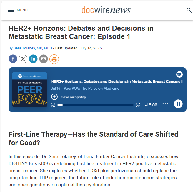 DFCI_BreastOnc's tweet image. Check out this podcast where @DanaFarber's Sara Tolaney, MD, MPH discusses how the results from the DESTINY-Breast09 study are redefining first-line treatment in HER2-positive #MetastaticBreastCancer. She explores whether #TDXd plus #pertuzumab should replace the long-standing…