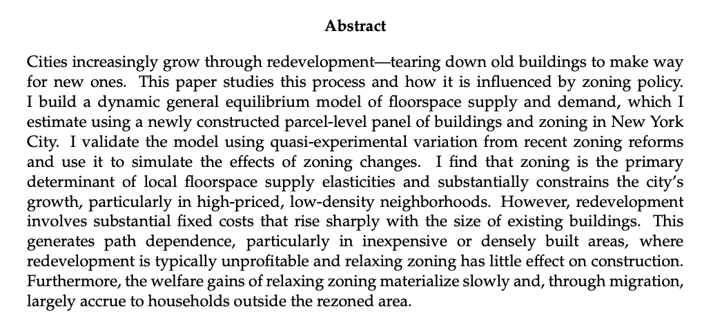 albrgr's tweet image. Awesome paper finding huge benefits from relaxing zoning constraints in NYC, even once you account for the big costs of redevelopment
vrollet.github.io/files/city_str…