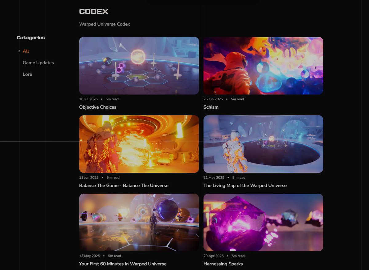 Our website just got another upgrade!

The Warped Universe Codex is now live. 

This will be your source for new lore drops and game development updates from the Warped Universe.

Check it out: warped.games/codex