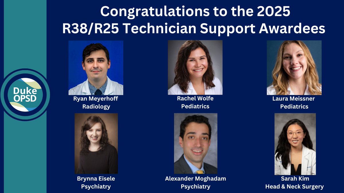 DukeOPSD's tweet image. Congratulations to the 2025 R38/R25 Technician Support awardees Ryan Meyerhoff, Rachel Wolfe, Laura Meissner, @BrynnaEisele, Alexander Moghadam, and Sarah Kim! The program competitively funds laboratory technician support for R38/R25 residents. More: mailchi.mp/duke/opsd-july…
