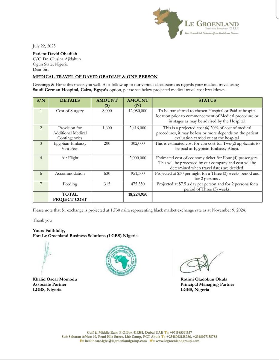 IT IS TIME 🎯

Baddy would be carrying out his surgery at the Saudi German Hospital in Egypt, and the estimated cost is N18.3m. The target is to raise N20m to be on the safe side due to naira instability.

0249219856
Wema bank 
Obadiah David Adedolapo

Raise am 👏🏽👏🏽👏🏽