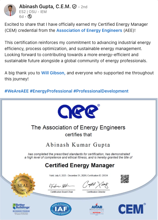 ES2_Built's tweet photo. We are thrilled to announce that Abinash Gupta has officially earned his Certified Energy Manager (CEM) credential from the Association of Energy Engineers (AEE)! 🎉

#EnergyEfficiency #ES2 #SustainableEnergy #EnergyManagement #AAE https://t.co/P6P0r1FbJK