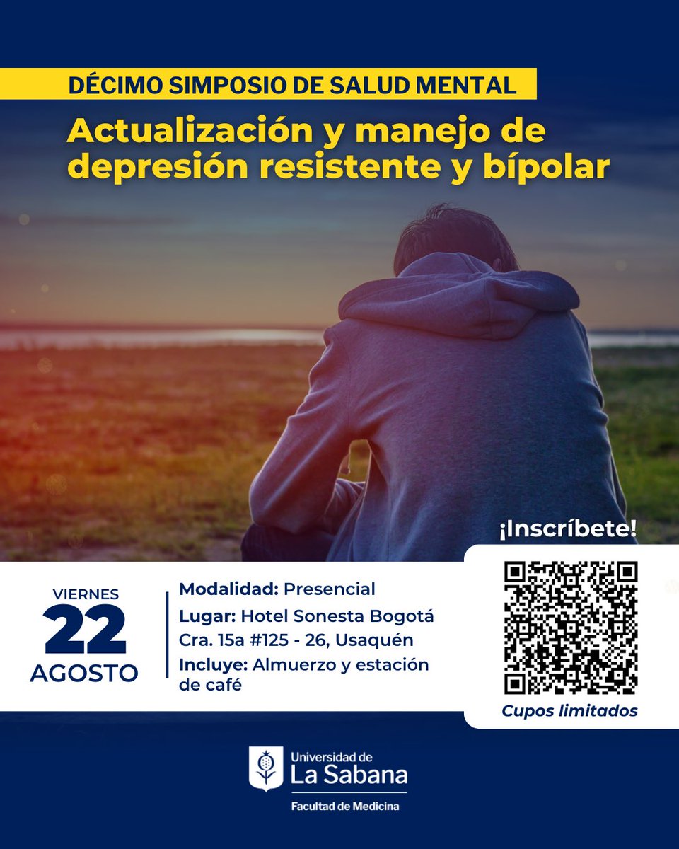 🧠✨ ¡Vuelve el X Simposio de Salud Mental!
Este 22 de agosto en Bogotá, actualízate en depresión resistente y trastorno bipolar con expertos nacionales. Incluye certificado, almuerzo y café.
📌 Inscríbete: bit.ly/4krvNWP
