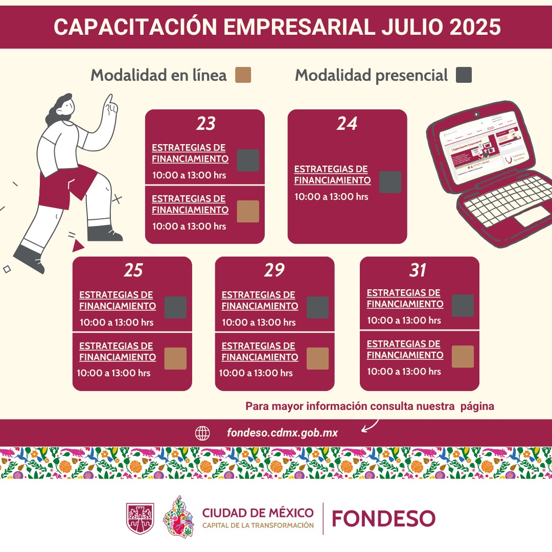 📣 ¡Última llamada para fortalecer tu emprendimiento!
Capacitaciones de Estrategias de Financiamiento
🗓 ¡Inscríbete antes de que termine JULIO!
fondeso.cdmx.gob.mx/storage/app/me…

24 de julio solo tenemos modalidad presencial

📍 Modalidad: presencial goo.su/gTgshc