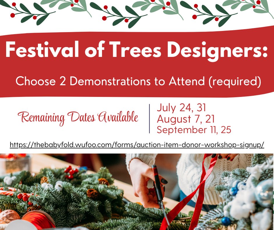 TheBabyFold's tweet image. 🎄 Future Festival of Trees auction item designers: You must attend 2 Team Tinsel workshops to donate this year — only 6 dates left! Learn what makes an auction-worthy item + get access to the donor form.
✨ RSVP now: thebabyfold.wufoo.com/forms/auction-…
#FestivalOfTrees #TheBabyFold