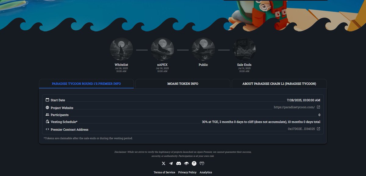 APEX | All-in-one DeFi (@apex314_defi) on Twitter photo The Paradise Premier Launch countdown has begun.
Paradise Chain is an Avalanche L1 powering all Paradise games through next-gen interoperability. Players share assets, gameplay features, and progression across titles, all connected by the $MOANI token.
Find out more about The Paradise Premier Launch countdown has begun.
Paradise Chain is an Avalanche L1 powering all Paradise games through next-gen interoperability. Players share assets, gameplay features, and progression across titles, all connected by the $MOANI token.
Find out more about