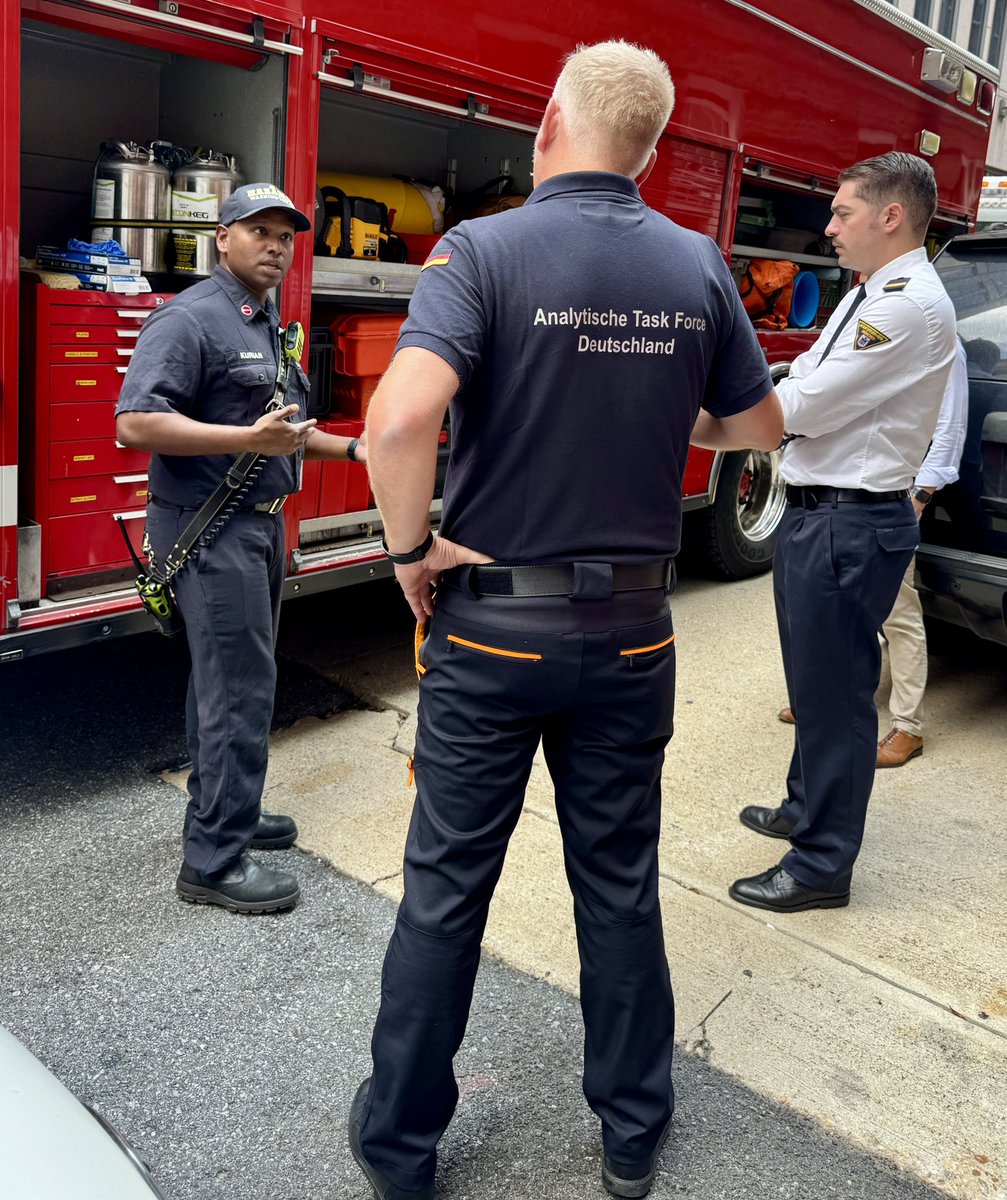 dcfireems's tweet image. Special Operations Deputy Chief Mitch Kannry and Hazmat Lt. Vinu Kurian explained our hazmat operations to a contingent of hazmat experts from Germany here in the US sponsored by @fema. Always a pleasure to host visitors and exchange ideas. #DCsBravest