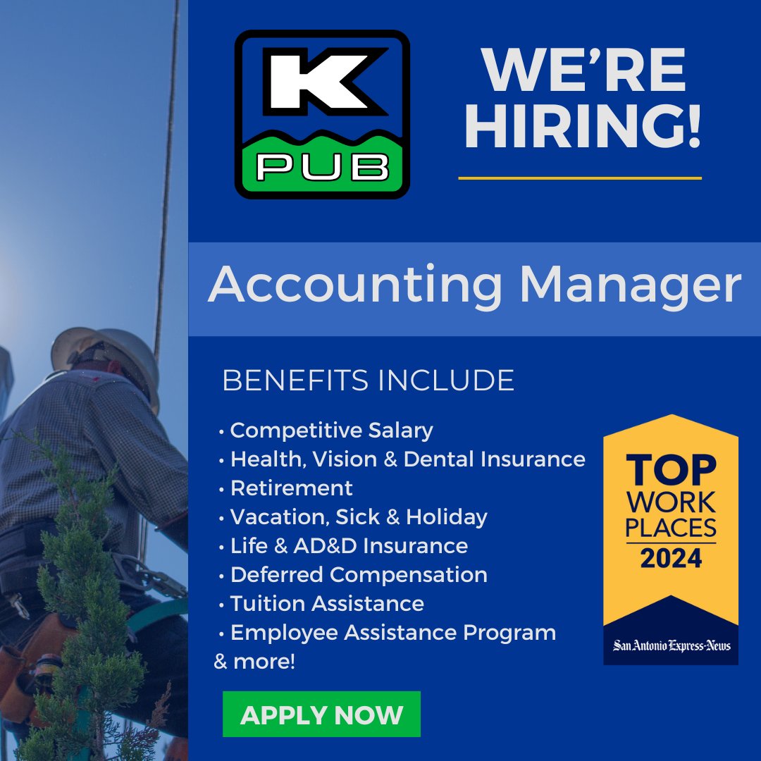 ⚡Join the KPUB Team!⚡We're hiring for an Accounting Manager!
Looking for a career with growth opportunities, great benefits &amp; a team that makes a difference in the community? Now’s your chance to join one of Kerrville’s Top Workplaces!
Learn more: bit.ly/4kSBopu