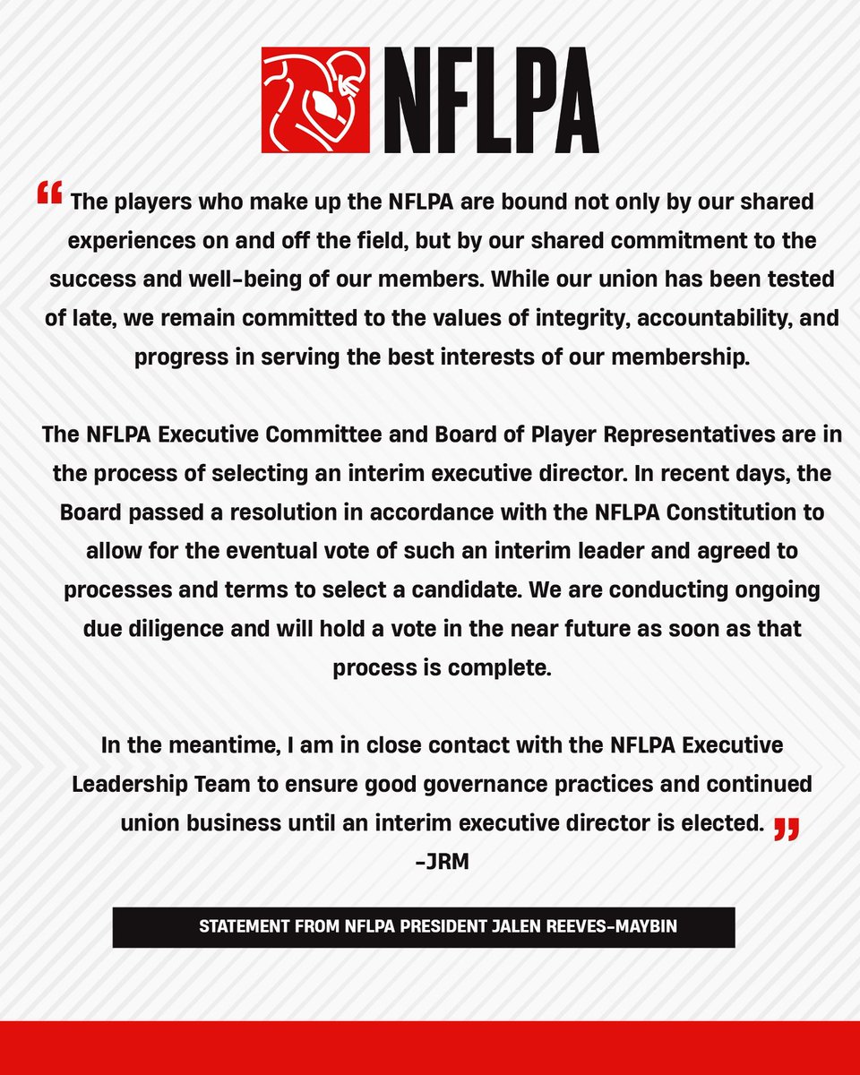 jjones9's tweet image. NFLPA president Jalen Reeves-Maybin says a vote on the interim executive director will take place "in the near future." I wouldn't expect someone in place until the weekend