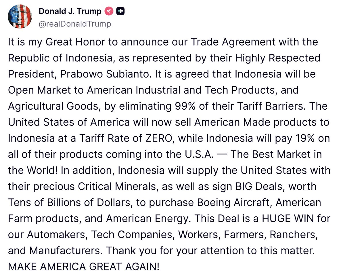 🚨 BREAKING: Trump impone una tariffa del 19% sui beni indonesiani e annuncia investimenti in aerei Boeing.