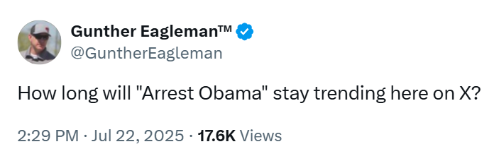 herotimeszero's tweet image. For as long as "Epstein" is trending, "arrest Obama" will be trending.
MAGA thinks they're playing "4D chess" but they're really playing "1D I shit my pants."