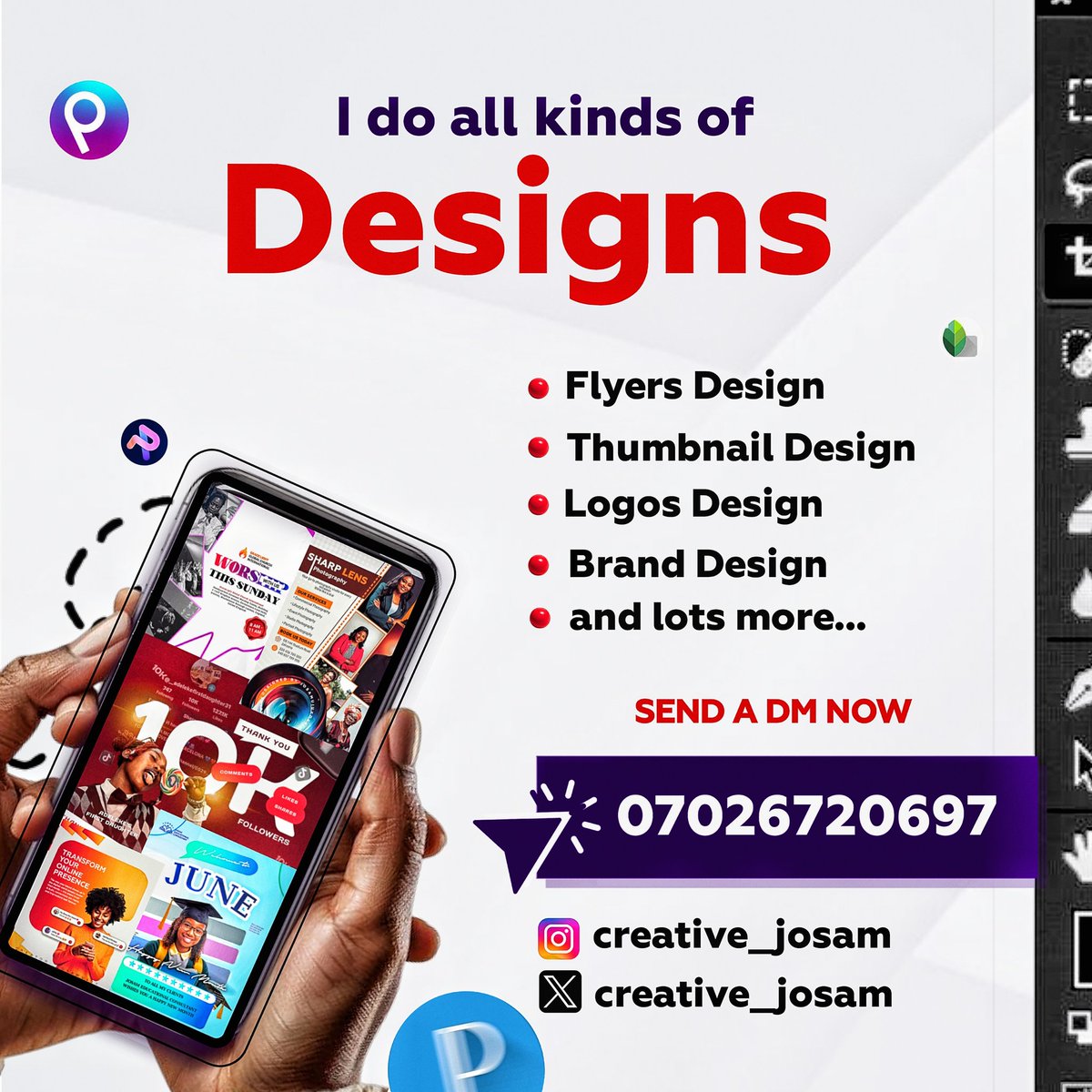 creative_josam's tweet image. Need clean, standout designs?
✅ Flyers
✅ Logos
✅ Thumbnails
✅ Branding &amp;amp; more

DM or call 👉 07026720697
📍 @creative_josam

#GraphicDesign #DesignForBusiness #Design #Graphics