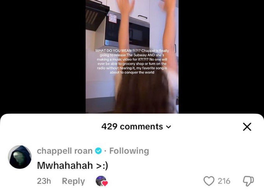 ChappellData's tweet image. Chappell Roan commented on a fan’s TikTok video about her finally releasing “The Subway.”