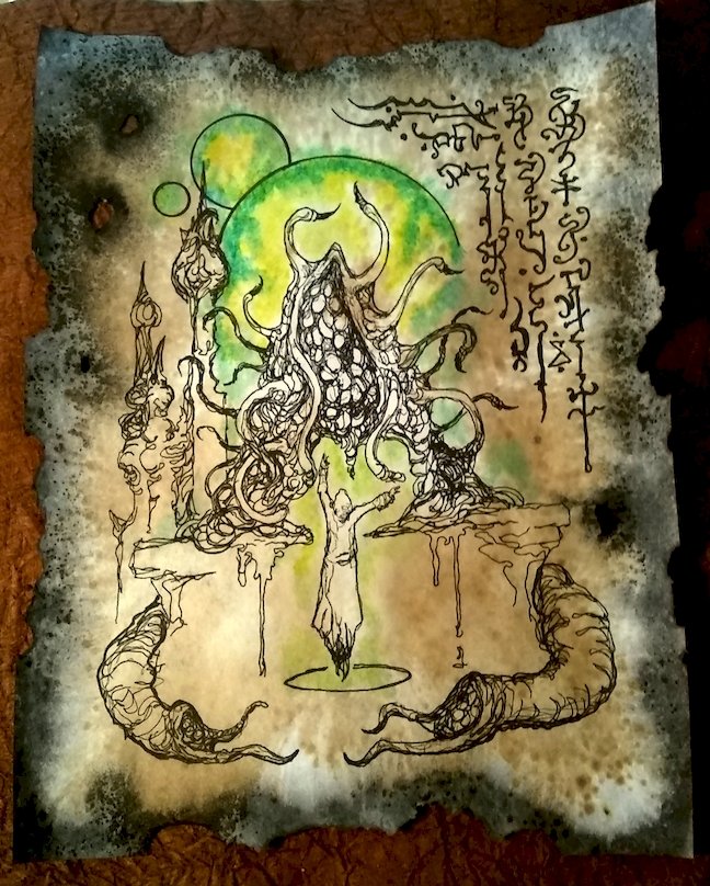 Mrzarono's tweet image. On the world of Yaus, where three moons are the sun, a Shoggoth had made itself god-king.
But it has no subjects, the shrines and towers have crumbled to decay, for it has devoured all that lived.
Now it crawls alone among the ruins, singing praises to itself.