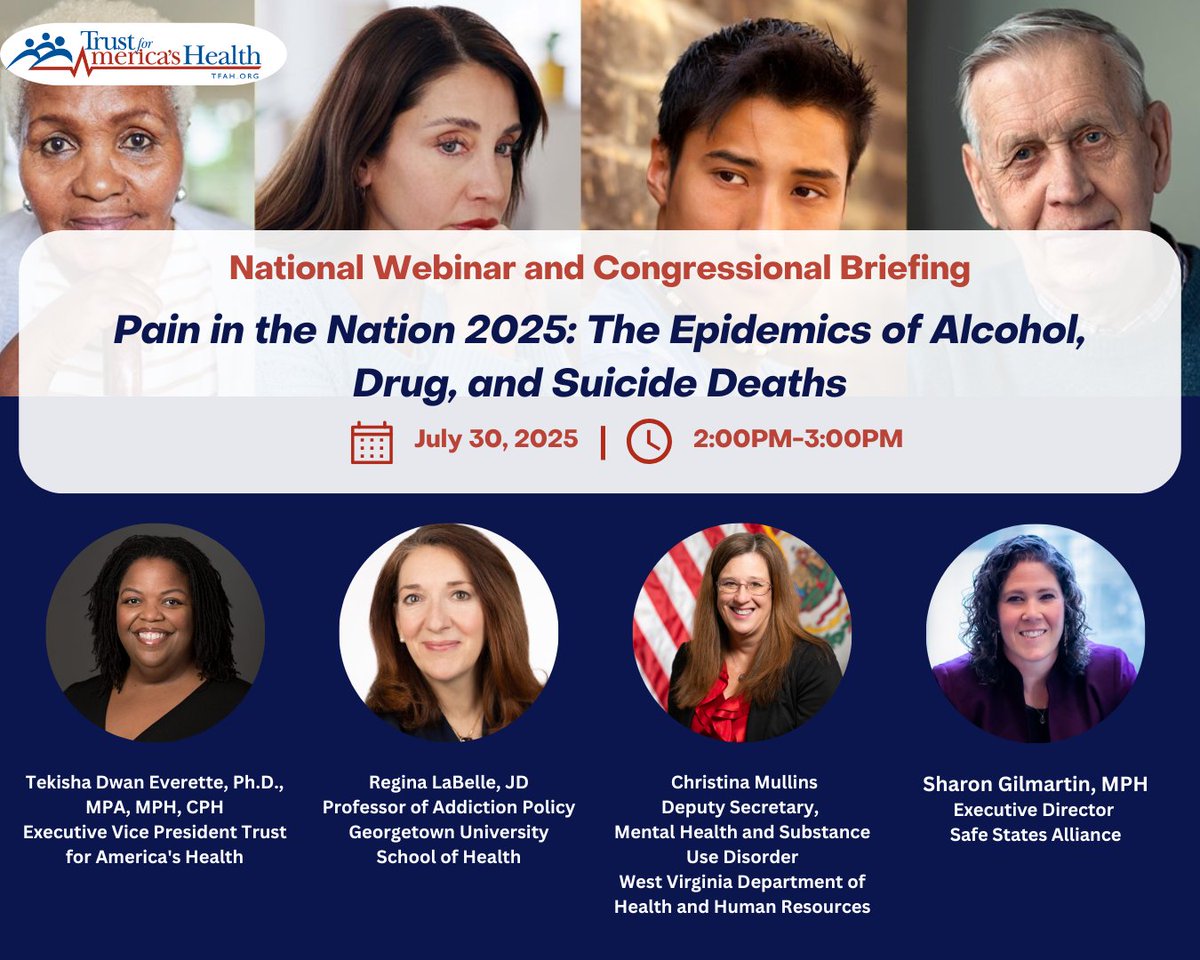 HealthyAmerica1's tweet image. Mark your calendars for July 30, 2025 from 2:00-3:00 PM ET, TFAH will be holding a congressional briefing and national webinar on the recently released Pain in the Nation 2025 report. RSVP today! tinyurl.com/3y2v39tx