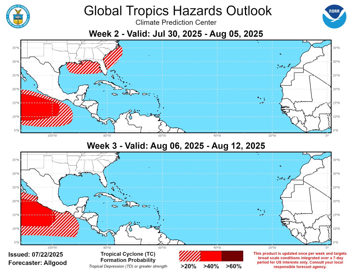 tropicalupdate's tweet image. Long-range tropics watching. New NOAA weekly Global Tropics map updated today. Showing low chances Gulf/Atlantic early August. Take with a grain of salt. And save me some for the Margarita rim. spaghettimodels.com