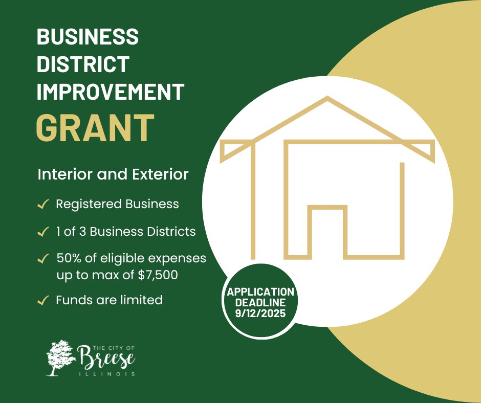 The municipality is now accepting applications for the Business District Improvement Grant program. 
Grant program overview and application can be found on our website: breese.org/economic-devel…
#cityofbreeseil #businessdistrictgrant