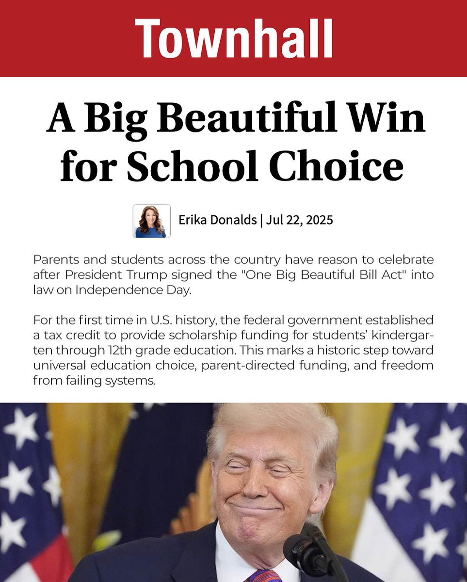 ErikaDonalds's tweet image. The One Big Beautiful Bill is a GAME-CHANGER for American education! 🇺🇸
Families will soon have access to federal tax credit scholarships, putting private tuition, tutoring & more within reach for the students who need it most.
📰 Read my latest in @townhallcom:…