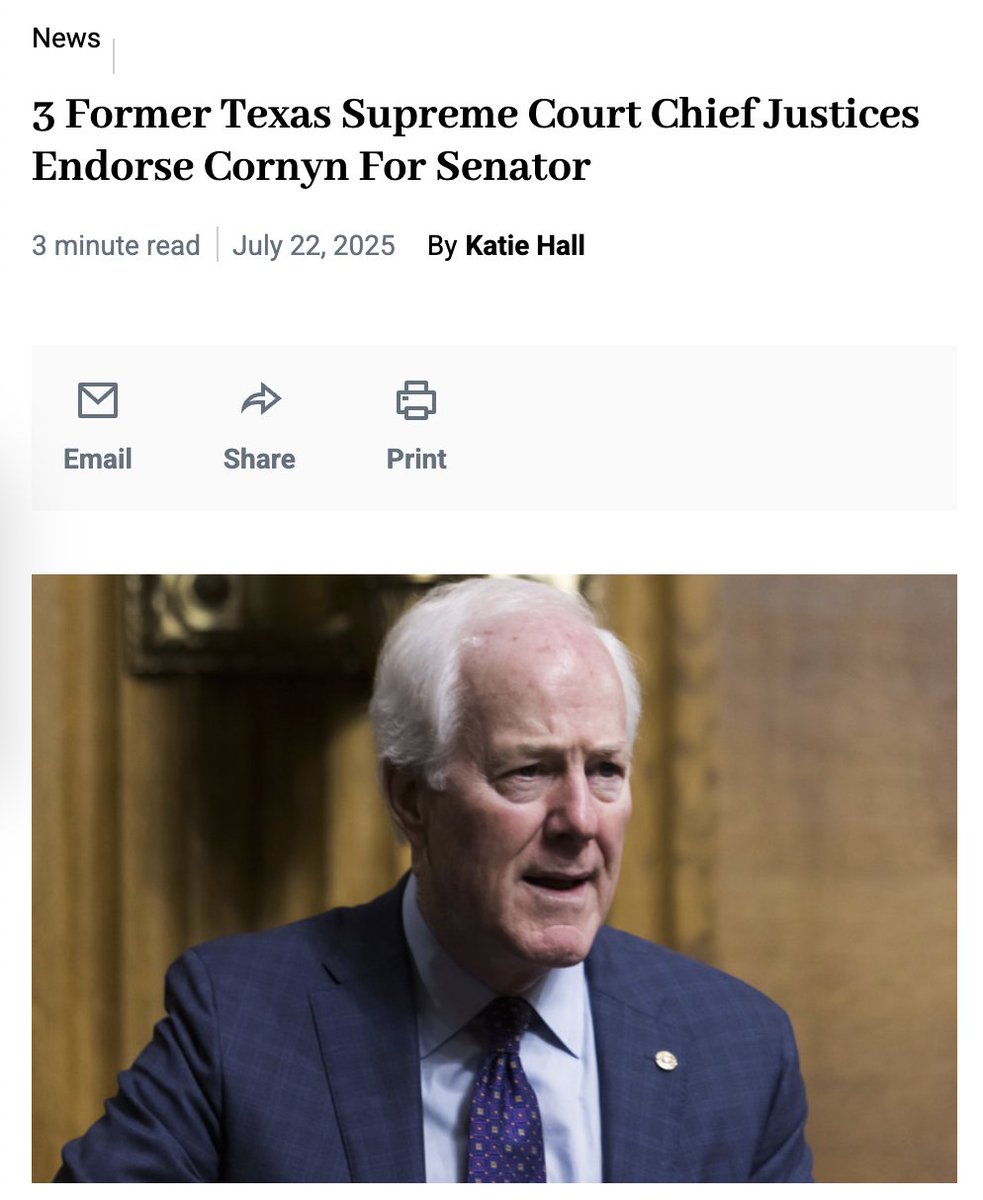 TeamCornyn's tweet image. 3 Former Texas Supreme Court Chief Justices Endorse @JohnCornyn For Senator
law.com/texaslawyer/20…