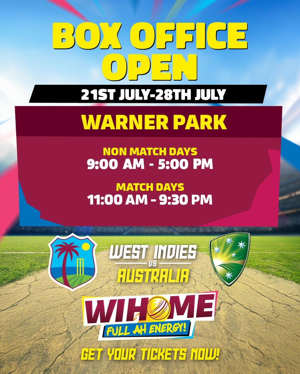 windiescricket's tweet image. St. Kitts & Nevis! The Box Office🎫is NOW OPEN!
3️⃣T20Is LIVE from Warner Park!🇰🇳
Get Your Tickets Early!⌚
#WIvAUS | #FullAhEnergy