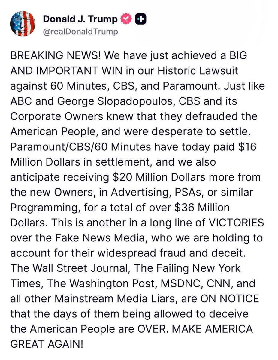 🚨#BREAKING: President Trump wins his Paramount, CBS and 60 Minutes lawsuit with a $16 million settlement. 

$20 million more is expected from the new owners for a total of $36 million.