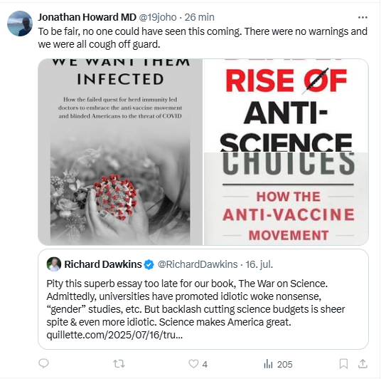 ID_Denmark's tweet image. "I wrote a book about how big science wanted kids to die but I am surprised to hear about this so-called war on science"
- @19joho
If he turns out to be a parody account, I will be the first to congratulate him.