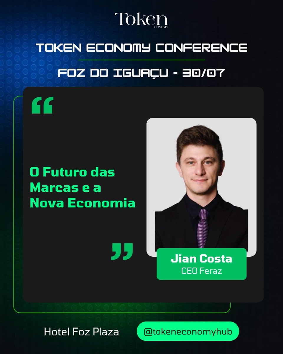 TokenEconomyHub's tweet image. 🚀 Meet who's building the future of Web3!
Jian Costa
CEO Feraz
📍Talk - "The Future of Brands and the New Economy"
📅 July 30 | Foz do Iguaçu
🎫 Spots available: sympla.com.br/evento/token-e…