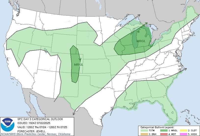 NWSSPC's tweet image. 2:25pm CDT #SPC Day3 Outlook Marginal Risk: over parts of the Upper Midwest and Great Lakes, and centered across the Front Range. spc.noaa.gov/products/outlo…