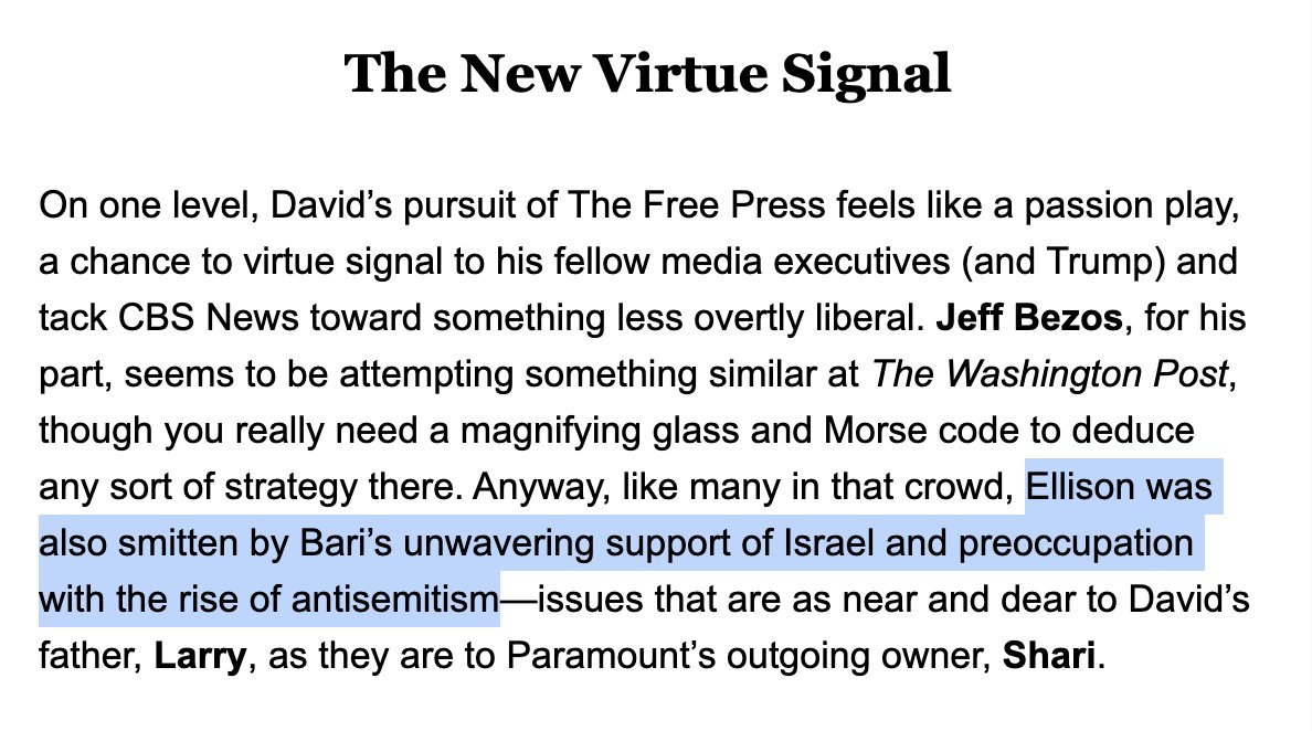 esaagar's tweet image. Forgot to flag this from @DylanByers: The only reason the Ellisons are interested in buying the Free Press and installing Bari as the ombudsman of CBS is because of support for Israel