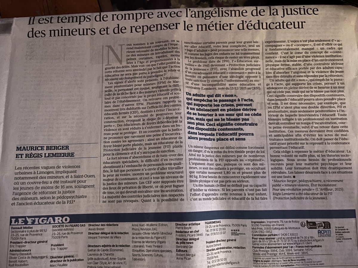 SunseroA's tweet image. « Il est temps de rompre avec l’angélisme de la justice des mineurs et de repenser le métier d’éducateur » À lire, la tribune de Maurice Berger et Regis Lemierre. ⁦@Le_Figaro⁩