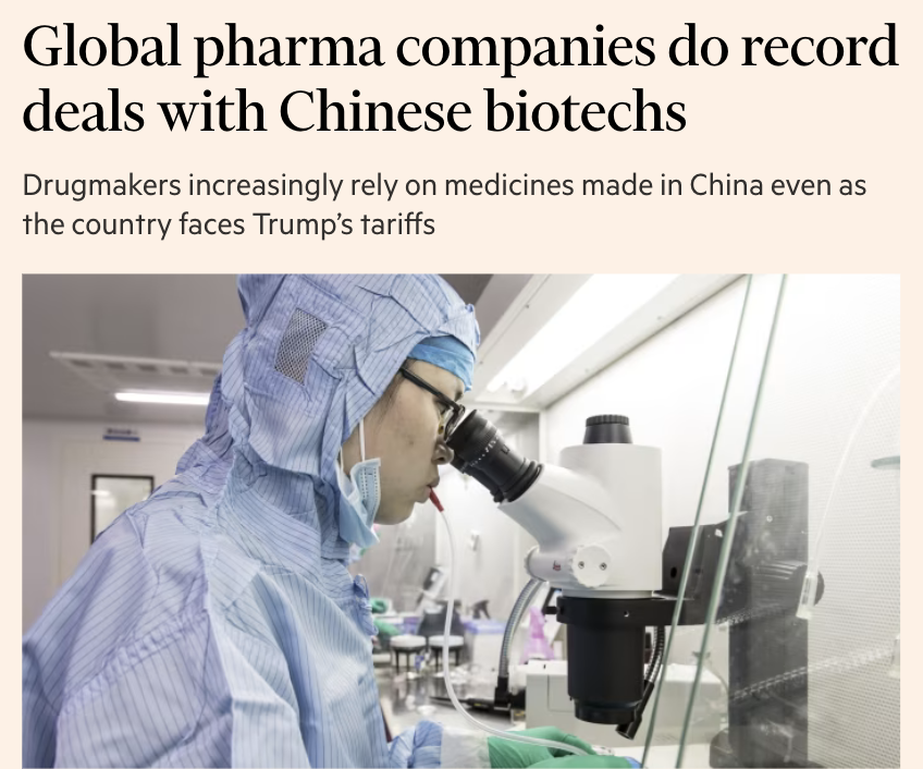US_ShipOfState's tweet image. AstraZeneca, Pfizer and other multinational drug companies have spent a record amount on medicines developed by Chinese biotechs this year.
China has comprised 18 per cent of licensing deals globally for multinational companies so far this year, up from 17 per cent last year and…