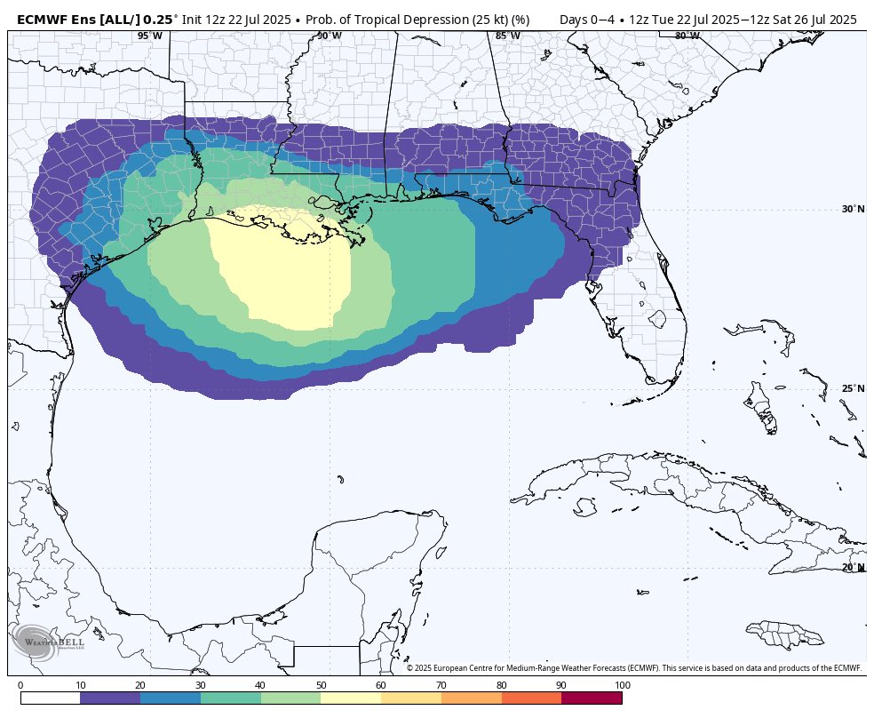 tommyhousewx's tweet image. Closely monitoring an area of potential tropical low development in the coming days.
Ensembles remain optimistic about at least low pressure formation later this week, which could bring heavy rainfall to states like Louisiana and Texas.