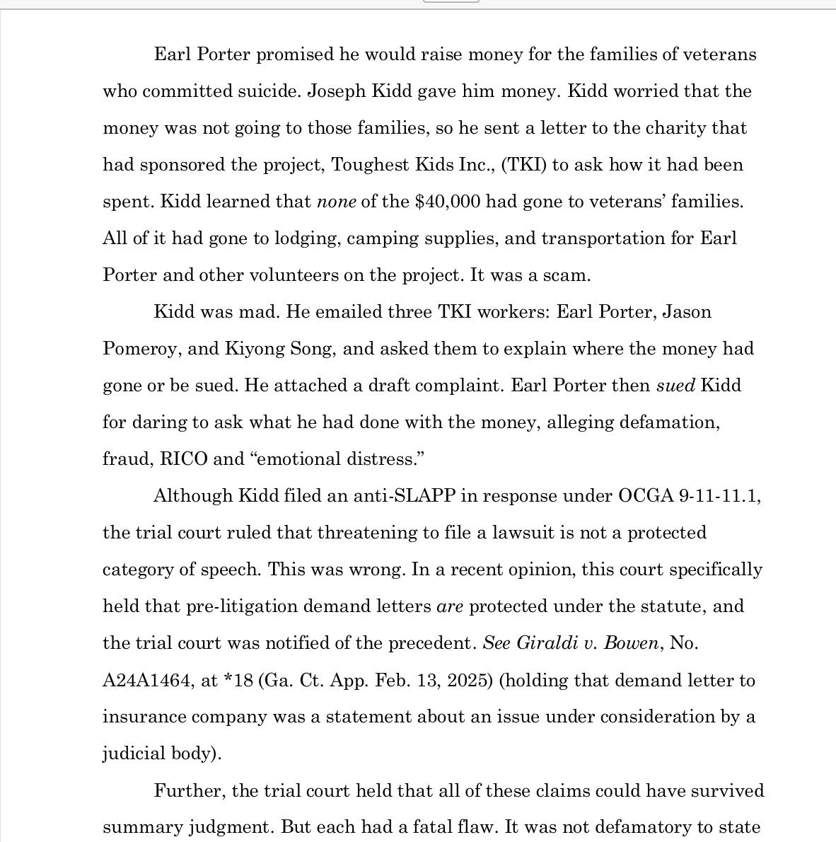 ASFleischman's tweet image. Just finished briefing on an interesting issue:
If a fundraiser promises you that he is raising money for the families of veterans who kill themselves, and then spends all the money camping, is it intentional infliction of emotional distress to ask him how he spent the money?