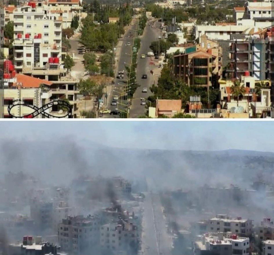 Ostensiblay's tweet image. Suwayda before the tide of medieval jihadist terror and after