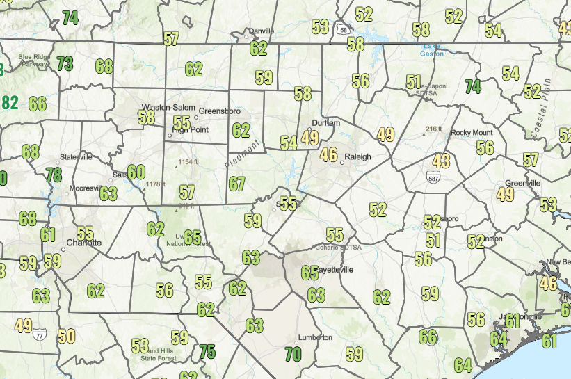 NWSRaleigh's tweet image. Lower humidity levels are starting to filter in from the north and east as high pressure builds south. Even better conditions will exist tomorrow! #NCwx