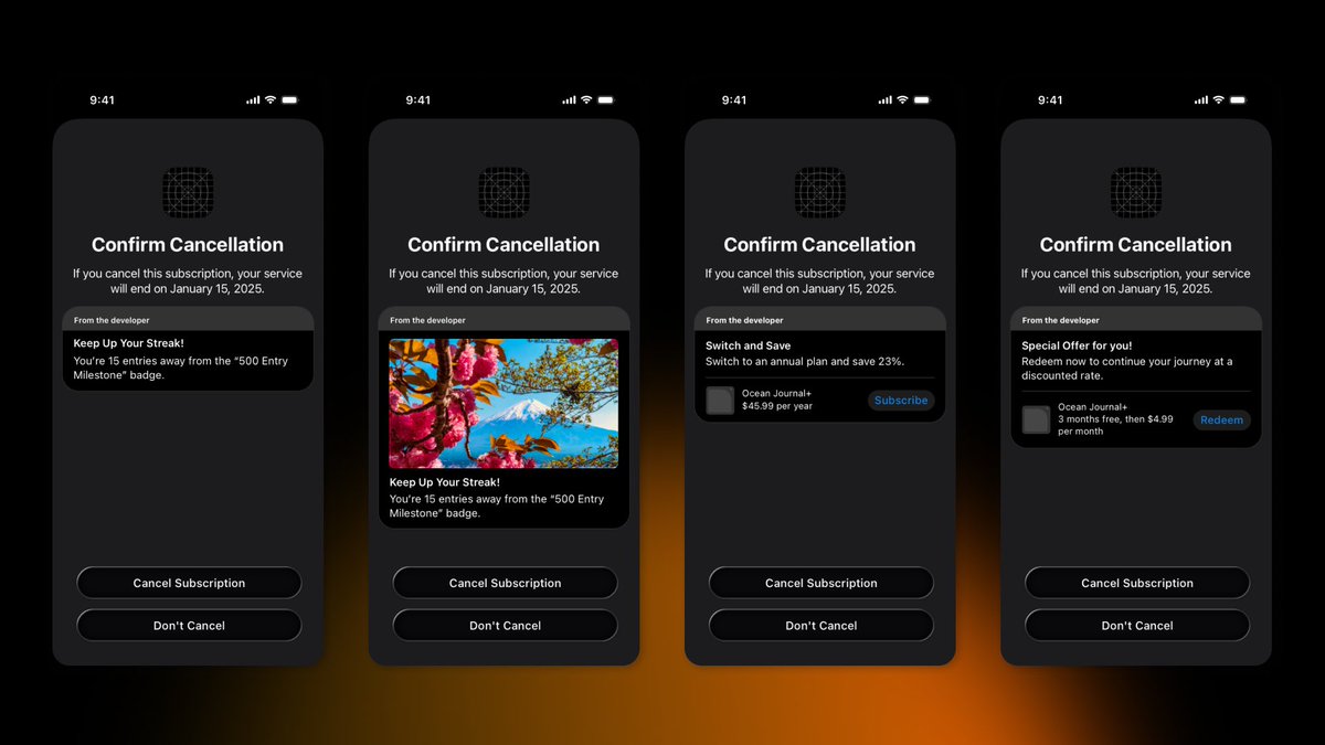 Funnelfoxhq's tweet image. 🚨 Apple just dropped a Retention Messaging API (pre-release)
You can now show a custom message after users tap “Cancel Subscription” on iOS:
→ Remind them what they’ll lose
→ Offer a better plan or discount
→ Show custom copy & image
→ All server-side, per locale/product
📍…