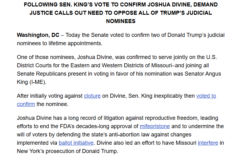 courtneybuble's tweet image. .@WeDemandJustice is quite mad at Sen. King (an independent who caucuses with the Dems) for voting to confirm Joshua Divine to the Western and Eastern Districts of Missouri