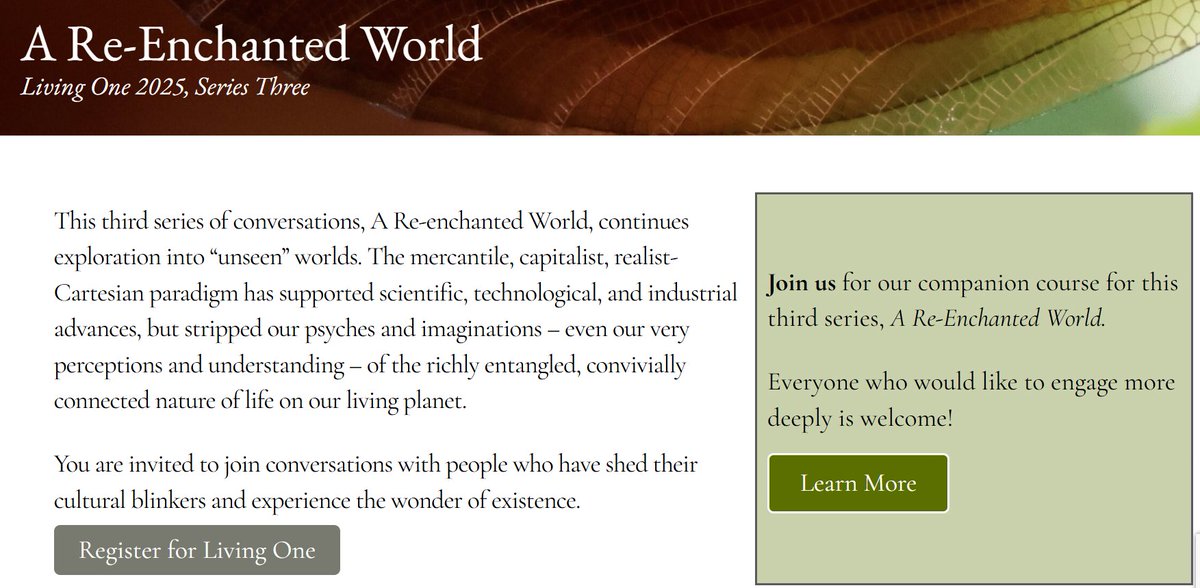 Plant_Init's tweet image. A Re-enchanted World - new webinar series from @kerulos_center 7 weekly programs from Aug 29 - Oct 10, 2025 at 10am PT. Many excellent presenters. "...conversations with people who have shed their cultural blinkers and experience the wonder of existence." kerulos.org/a-re-enchanted…